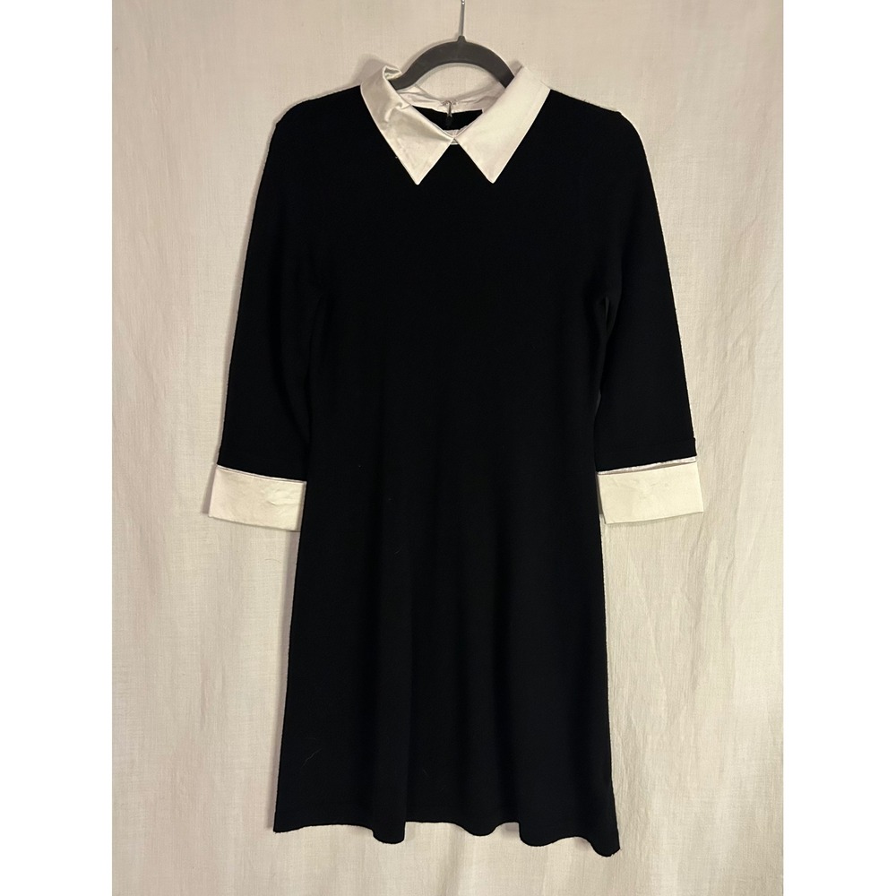 Tahari ASL Black Merino Wool Sweater Dress White Collar French Cuffs M 3/4 Slv
